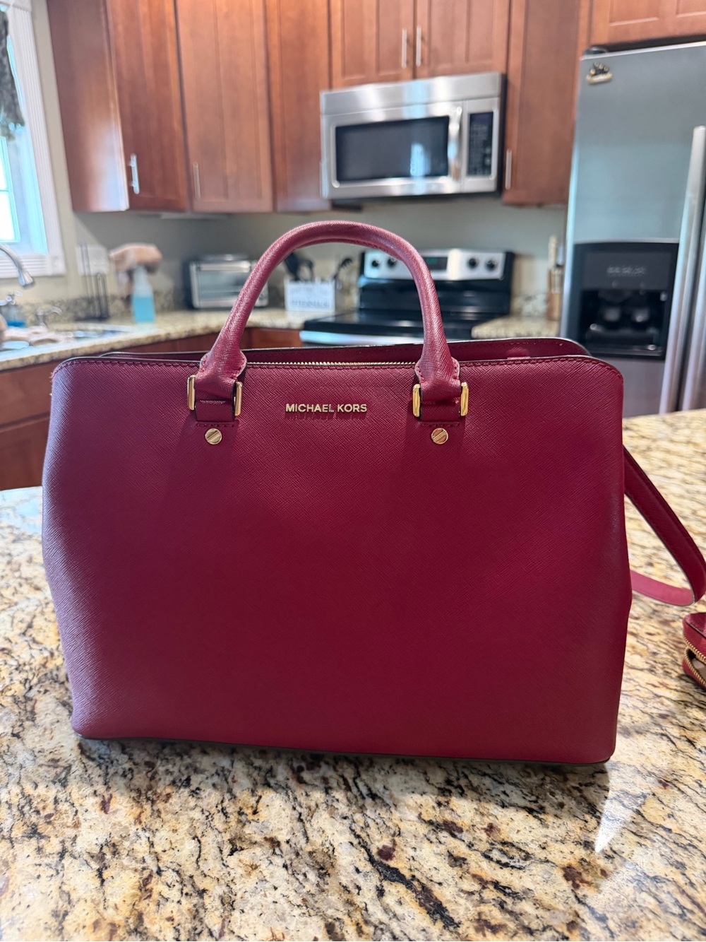 Michael Kors Wine Saffiano Leather Satchel with Gold Hardware